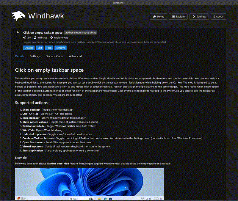 How to set "Click on empty taskbar space" Windhawk mod